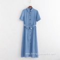 Solid Short Sleeve Denim Dress With Belt